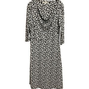 TravelSmith Women's L Abstract Print Cowl Neck Midi Modest Dress Black White 3/4